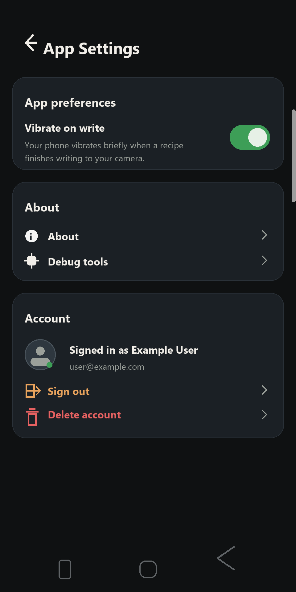 App Settings screen showing the Account section and Delete account action