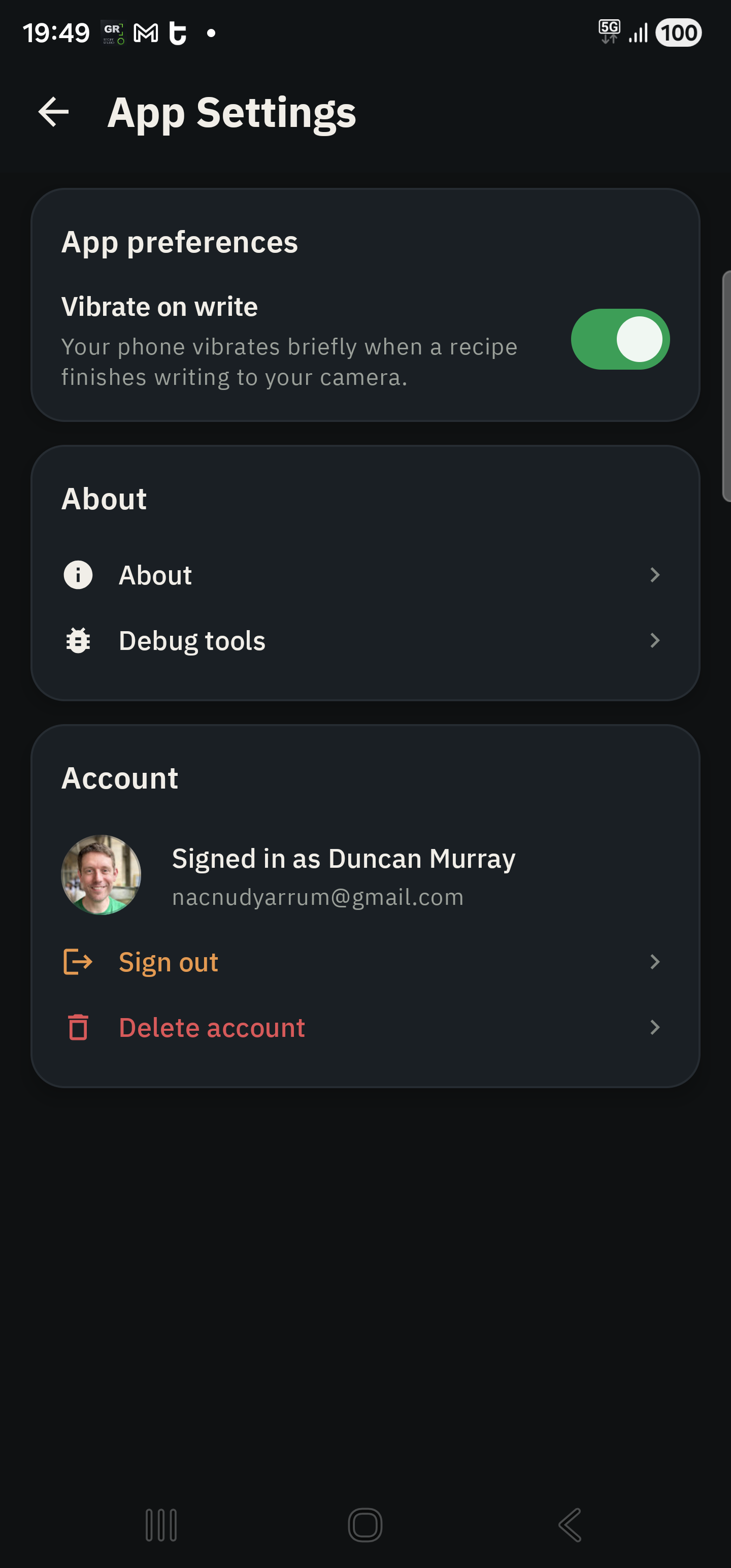 App Settings screen showing the Account section and Delete account action