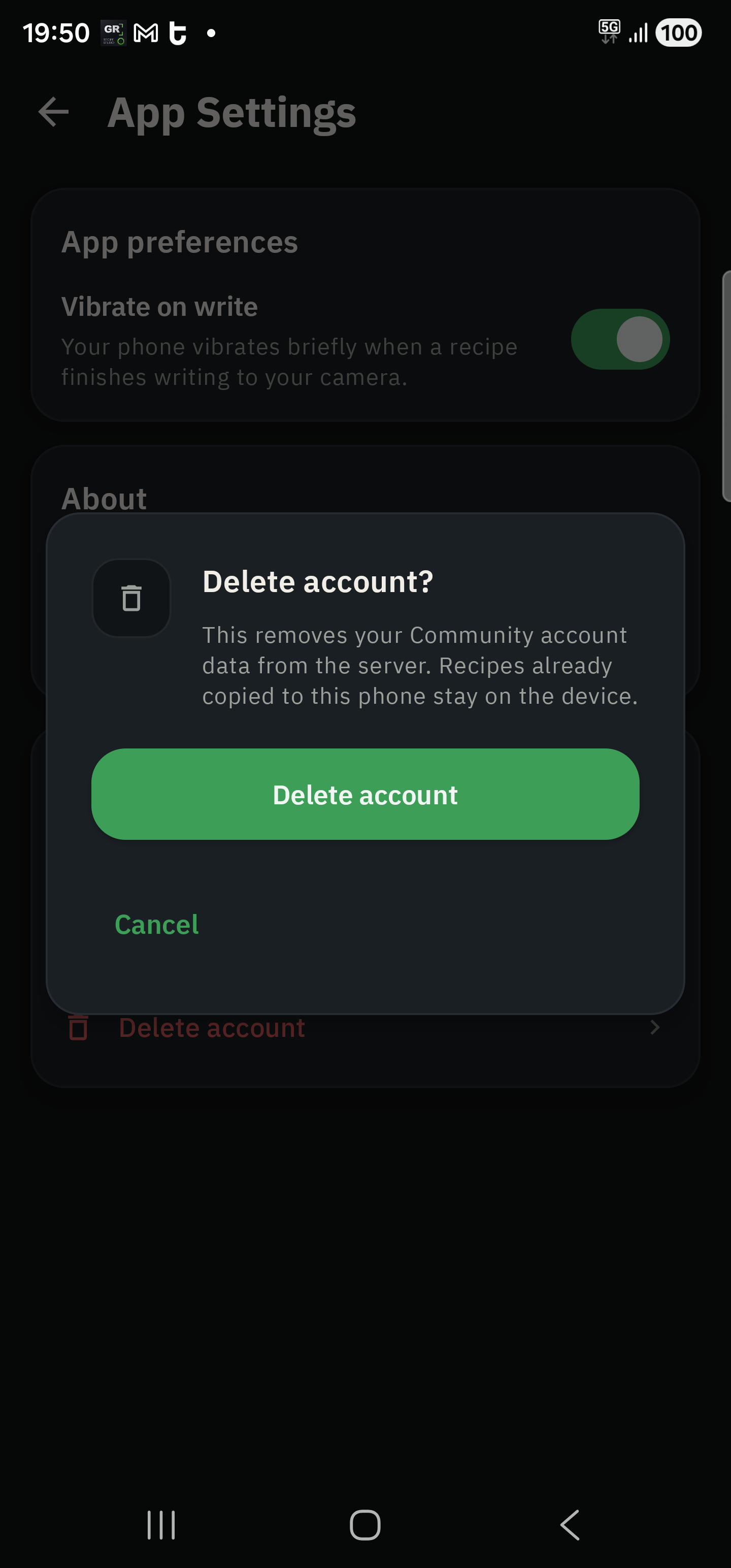 Delete account confirmation dialog