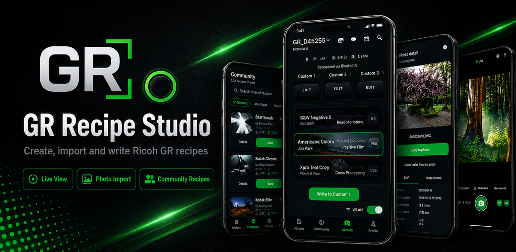 GR Recipe Studio app screens showing community recipes, camera controls, photo import, and Live View.
